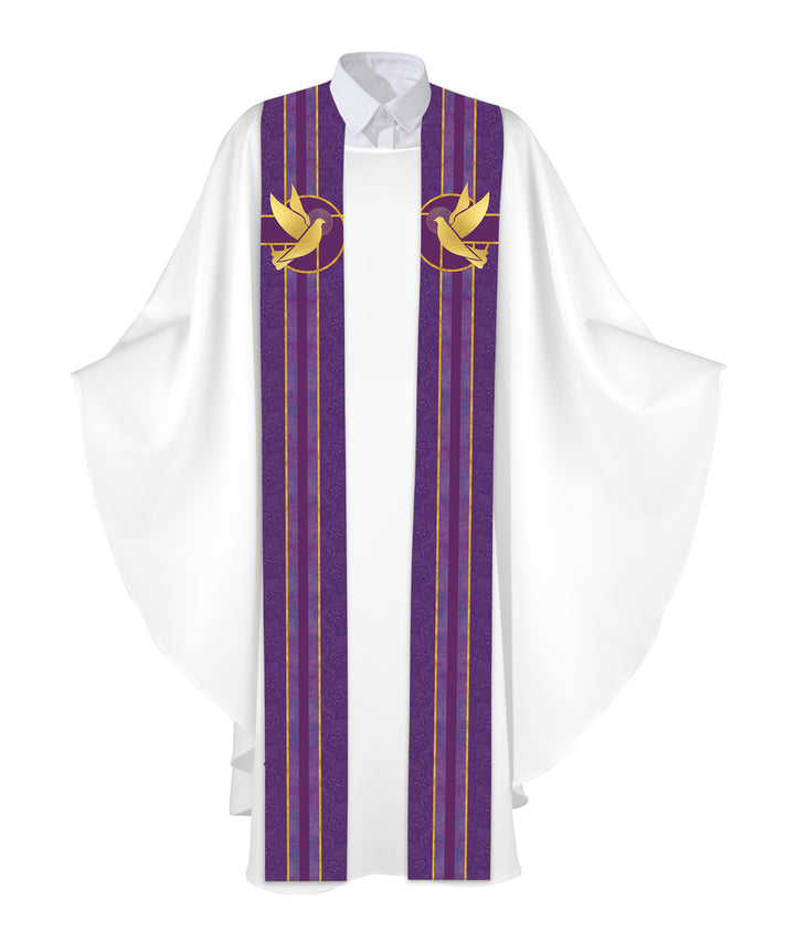 Clerical Stole Tapestries of Faith Design Dove Symbol in Gold on Blue, Green, Purple, Red, or White Banner
