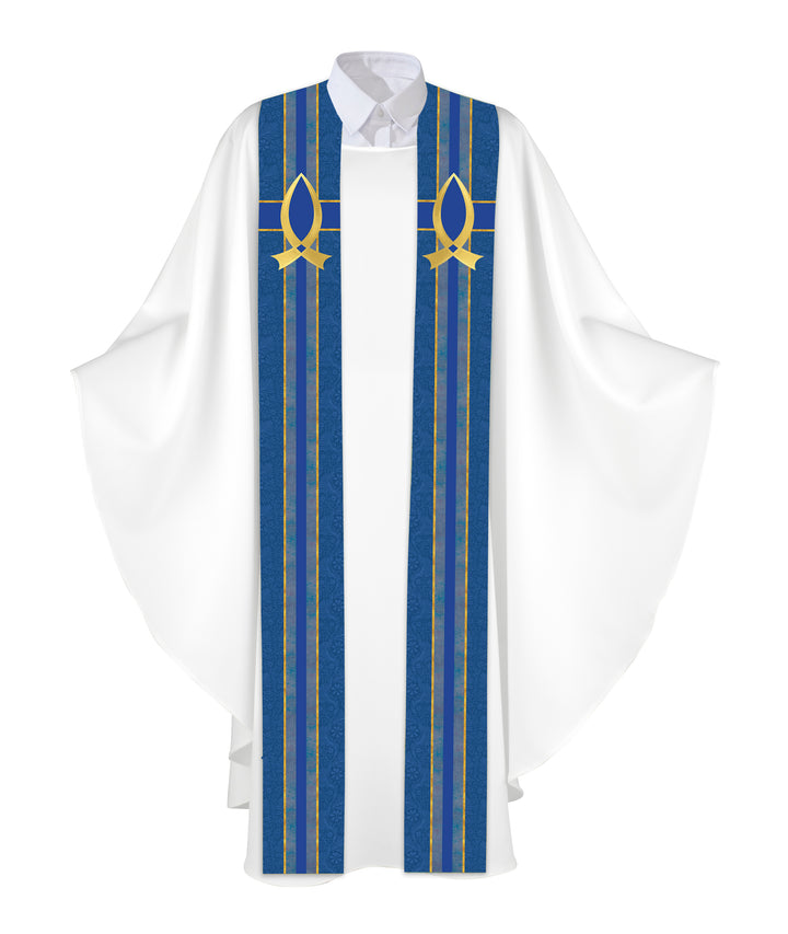 Clerical Stole Tapestries of Faith Design Fish Symbol in Gold on Blue, Green, Purple, Red, or White Banner