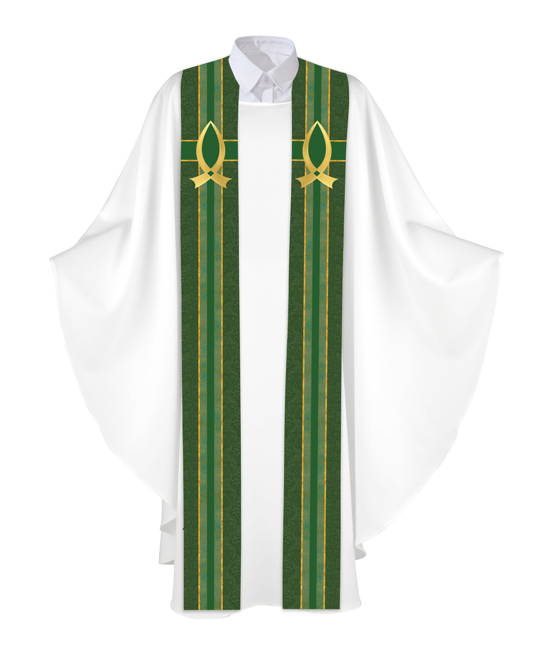 Clerical Stole Tapestries of Faith Design Fish Symbol in Gold on Blue, Green, Purple, Red, or White Banner