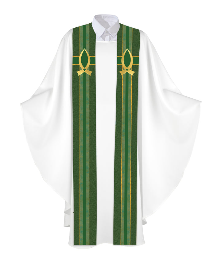Clerical Stole Tapestries of Faith Design Fish Symbol in Gold on Blue, Green, Purple, Red, or White Banner