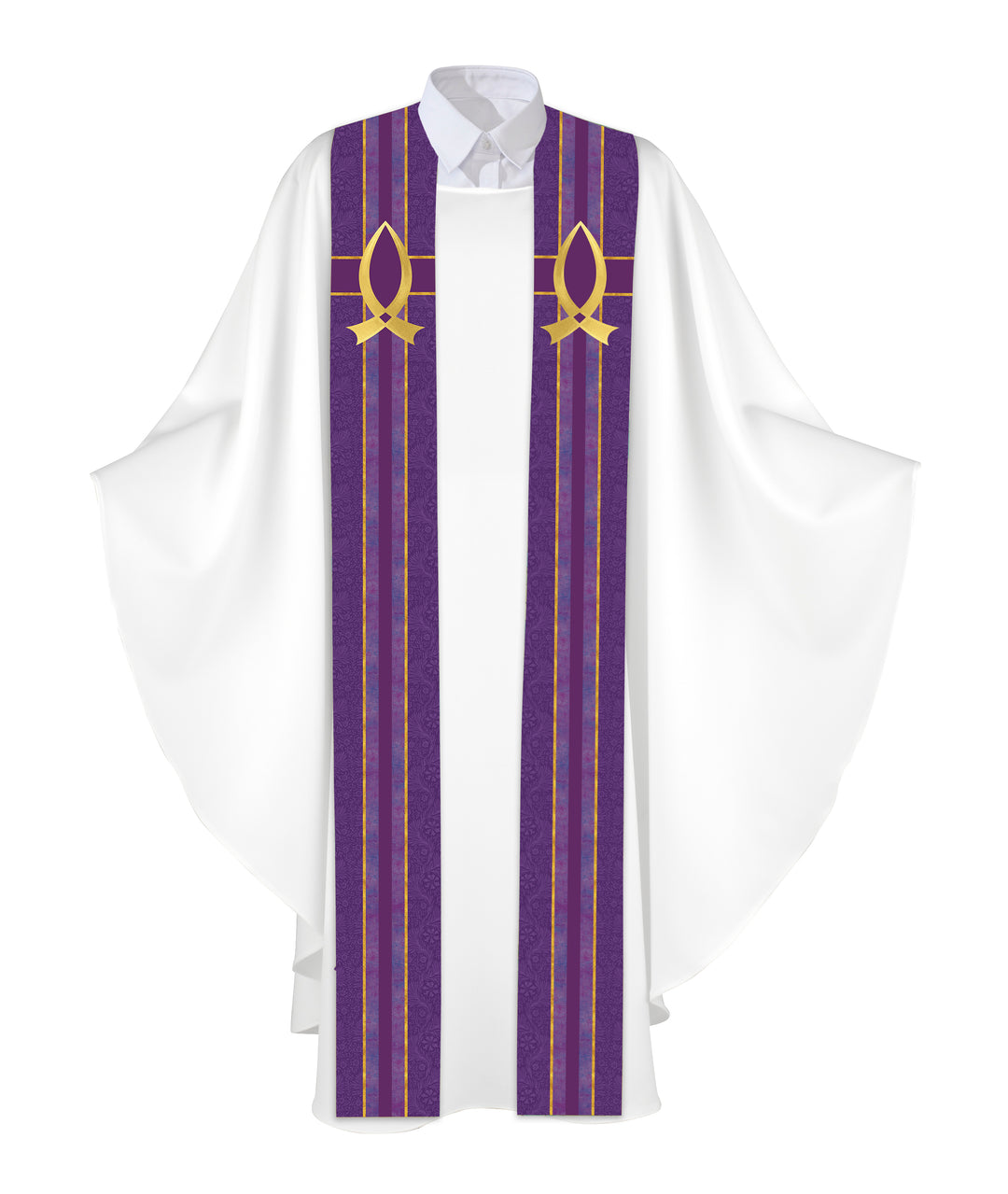 Clerical Stole Tapestries of Faith Design Fish Symbol in Gold on Blue, Green, Purple, Red, or White Banner