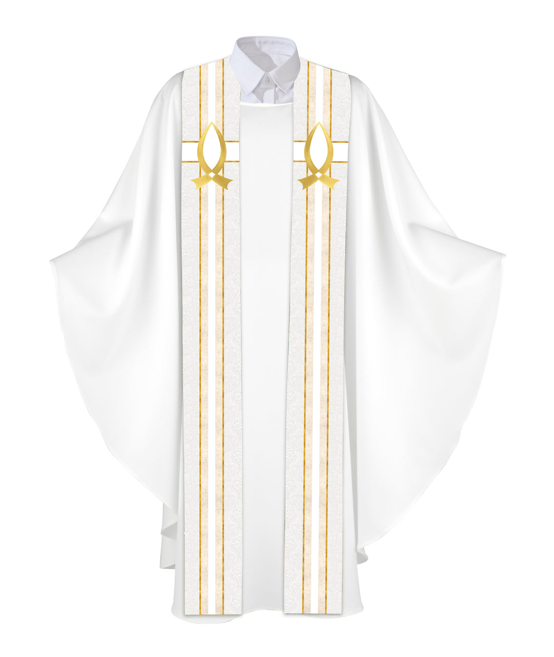 Clerical Stole Tapestries of Faith Design Fish Symbol in Gold on Blue, Green, Purple, Red, or White Banner