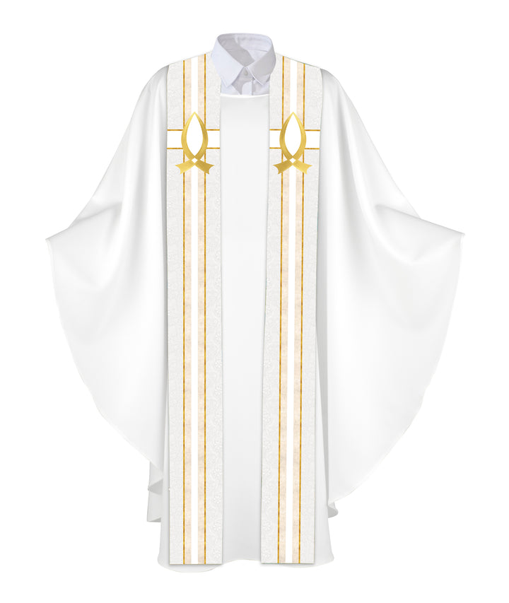 Clerical Stole Tapestries of Faith Design Fish Symbol in Gold on Blue, Green, Purple, Red, or White Banner