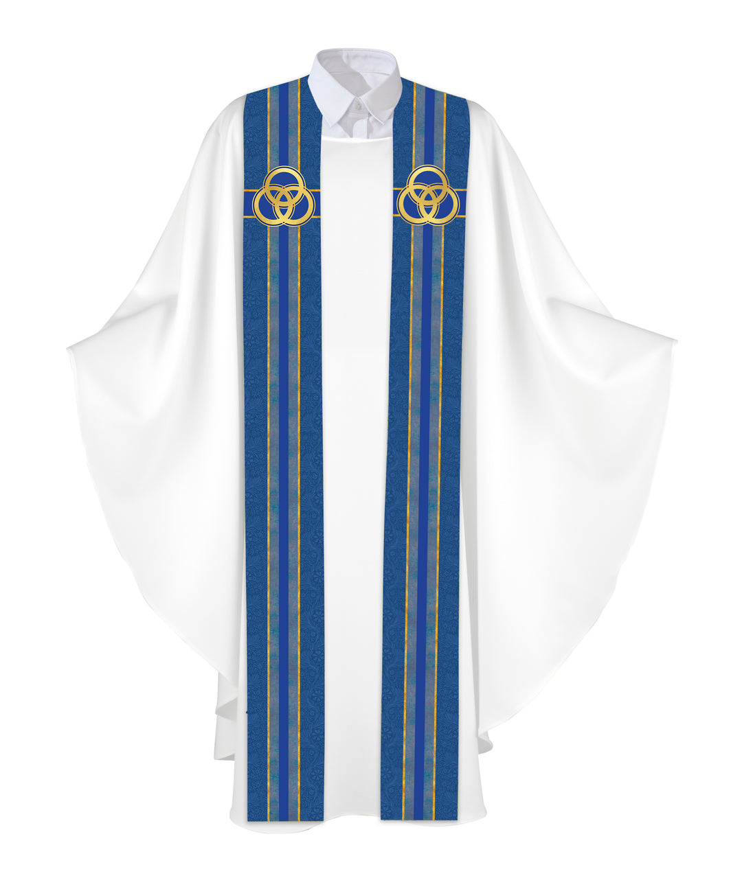 Clerical Stole Tapestries of Faith Design Trinity Symbol in Gold on Blue, Green, Purple, Red, or White Banner
