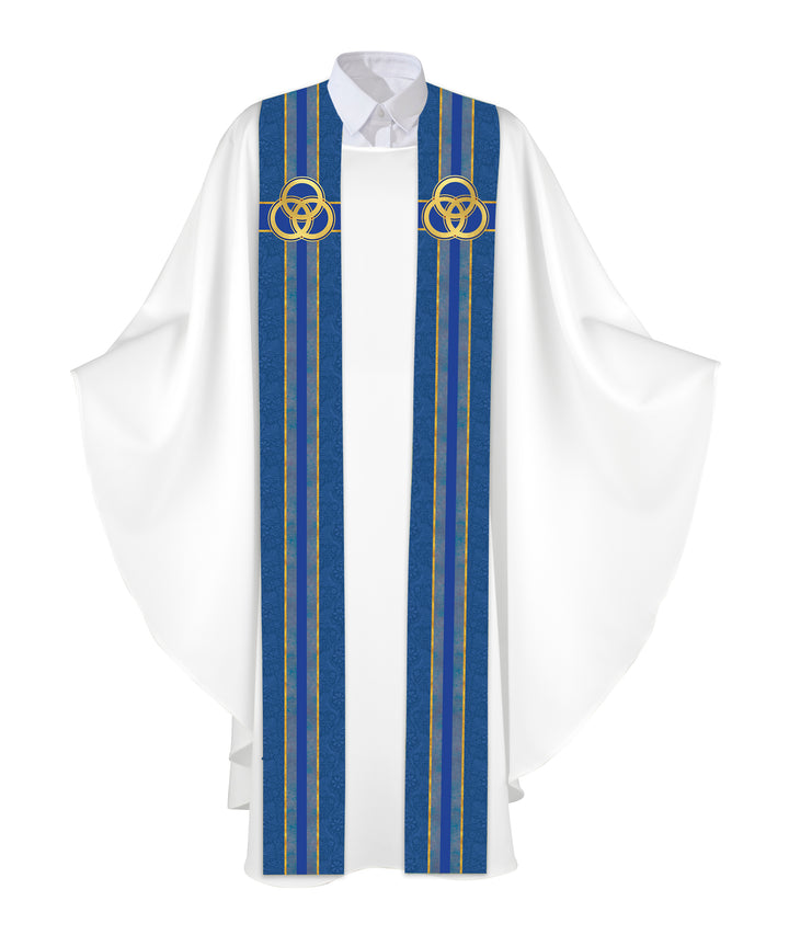 Clerical Stole Tapestries of Faith Design Trinity Symbol in Gold on Blue, Green, Purple, Red, or White Banner