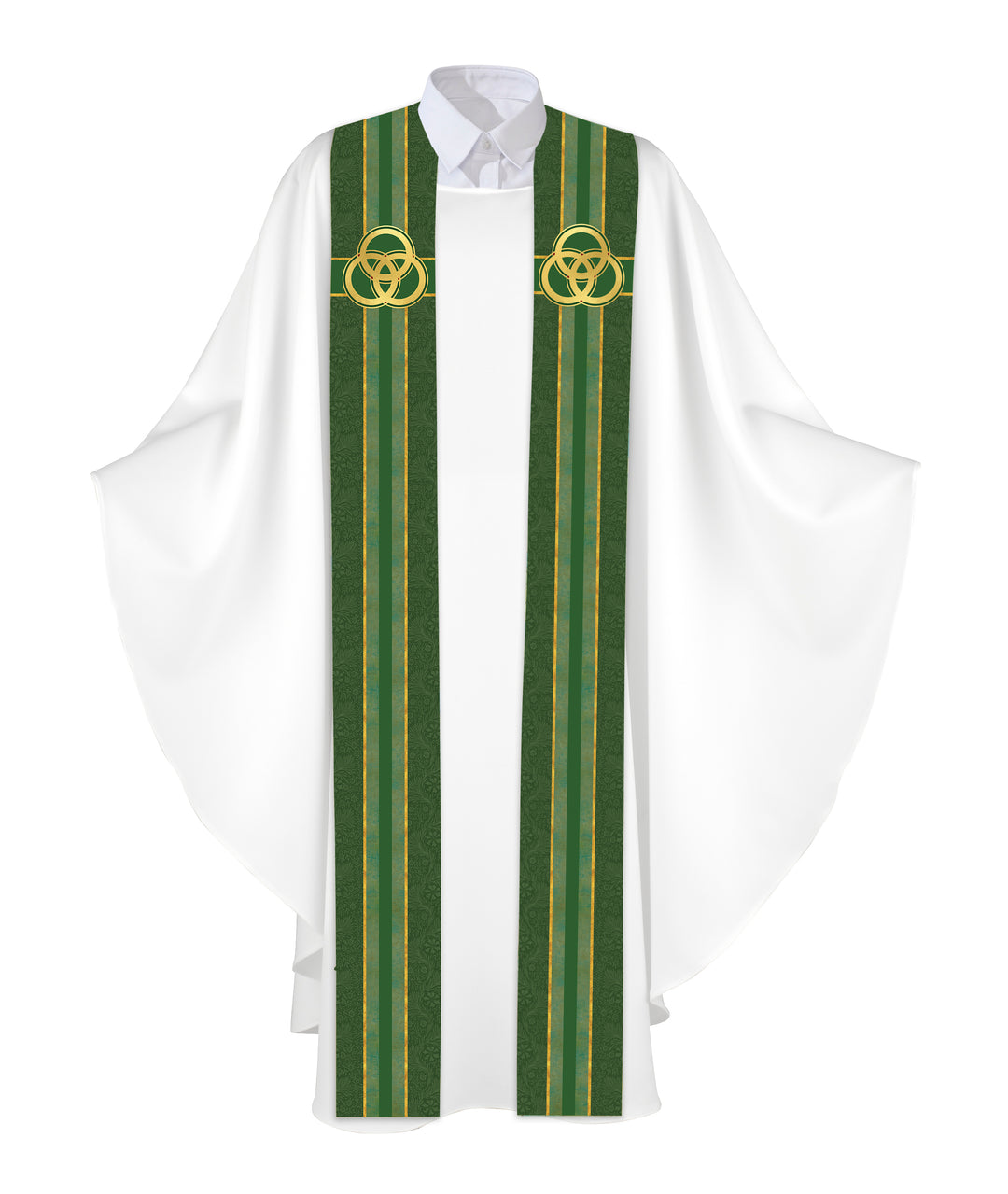 Clerical Stole Tapestries of Faith Design Trinity Symbol in Gold on Blue, Green, Purple, Red, or White Banner