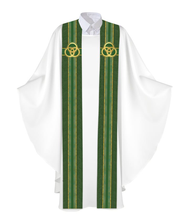 Clerical Stole Tapestries of Faith Design Trinity Symbol in Gold on Blue, Green, Purple, Red, or White Banner