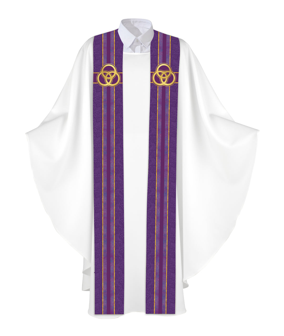 Clerical Stole Tapestries of Faith Design Trinity Symbol in Gold on Blue, Green, Purple, Red, or White Banner