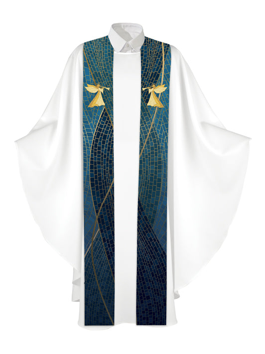 Clerical Stole Christmas Mosaic Design Angel Symbol in Gold on Blue, Green, Purple, Red, or White Banner