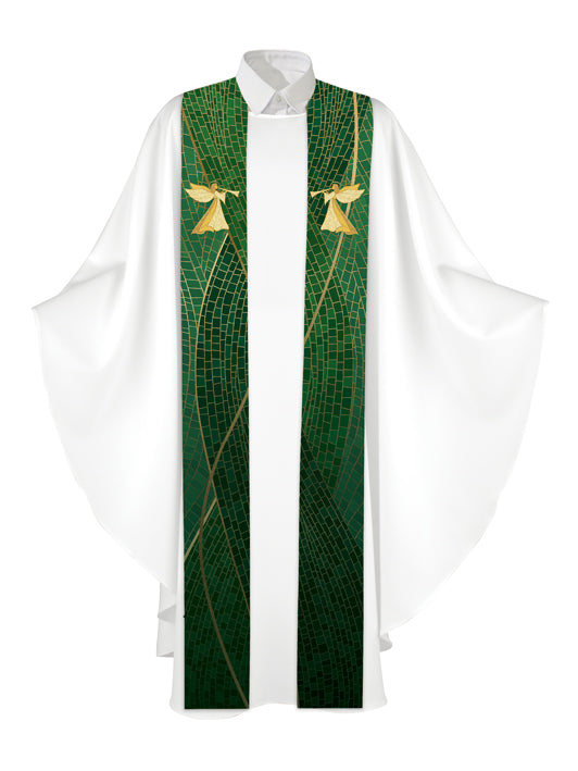 Clerical Stole Christmas Mosaic Design Angel Symbol in Gold on Blue, Green, Purple, Red, or White Banner