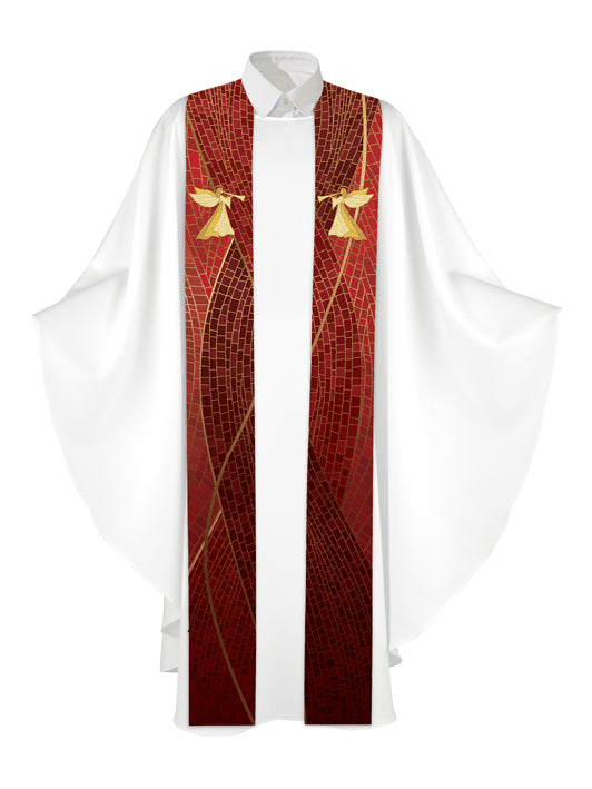 Clerical Stole Christmas Mosaic Design Angel Symbol in Gold on Blue, Green, Purple, Red, or White Banner