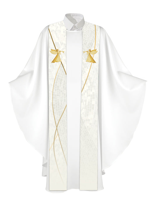 Clerical Stole Christmas Mosaic Design Angel Symbol in Gold on Blue, Green, Purple, Red, or White Banner