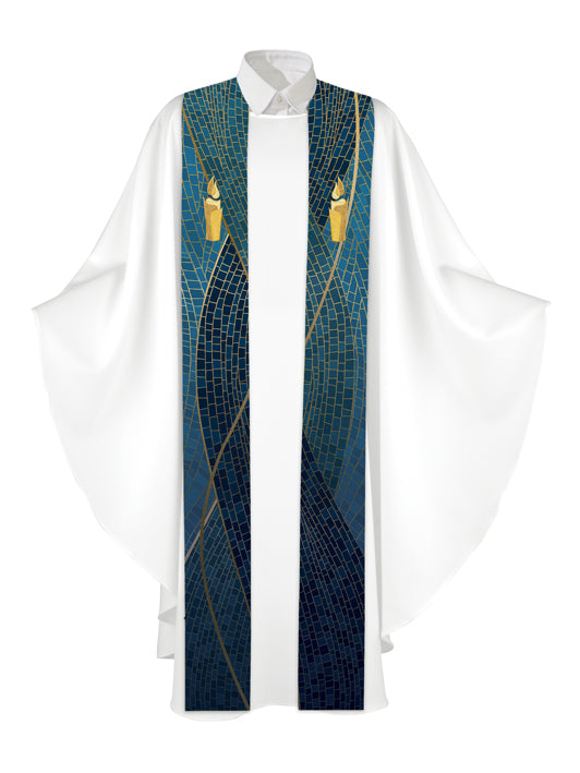 Clerical Stole Christmas Mosaic Design Candle Symbol in Gold on Blue, Green, Purple, Red, or White Banner