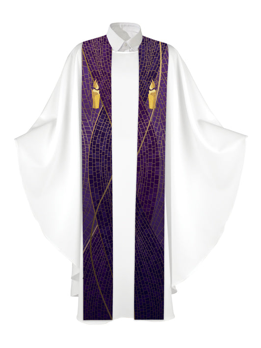 Clerical Stole Christmas Mosaic Design Candle Symbol in Gold on Blue, Green, Purple, Red, or White Banner