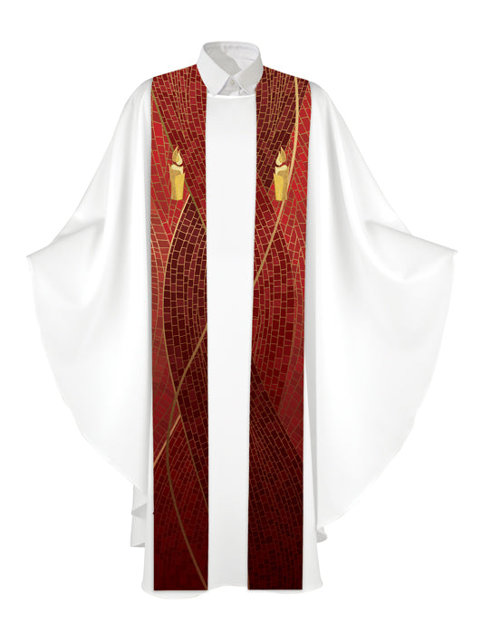 Clerical Stole Christmas Mosaic Design Candle Symbol in Gold on Blue, Green, Purple, Red, or White Banner