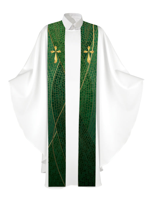 Clerical Stole Christmas Mosaic Design Cross Symbol in Gold on Blue, Green, Purple, Red, or White Banner