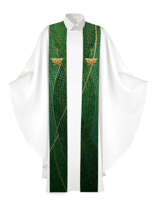 Clerical Stole Christmas Mosaic Design Manger Symbol in Gold on Blue, Green, Purple, Red, or White Banner