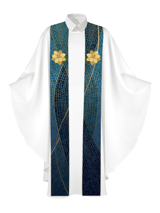 Clerical Stole Christmas Mosaic Design Poinsettia Symbol in Gold on Blue, Green, Purple, Red, or White Banner