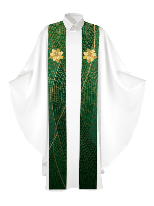 Clerical Stole Christmas Mosaic Design Poinsettia Symbol in Gold on Blue, Green, Purple, Red, or White Banner