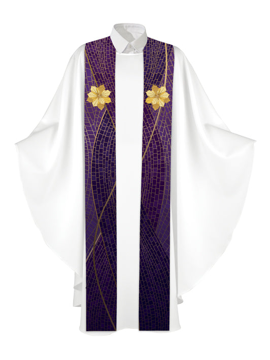Clerical Stole Christmas Mosaic Design Poinsettia Symbol in Gold on Blue, Green, Purple, Red, or White Banner