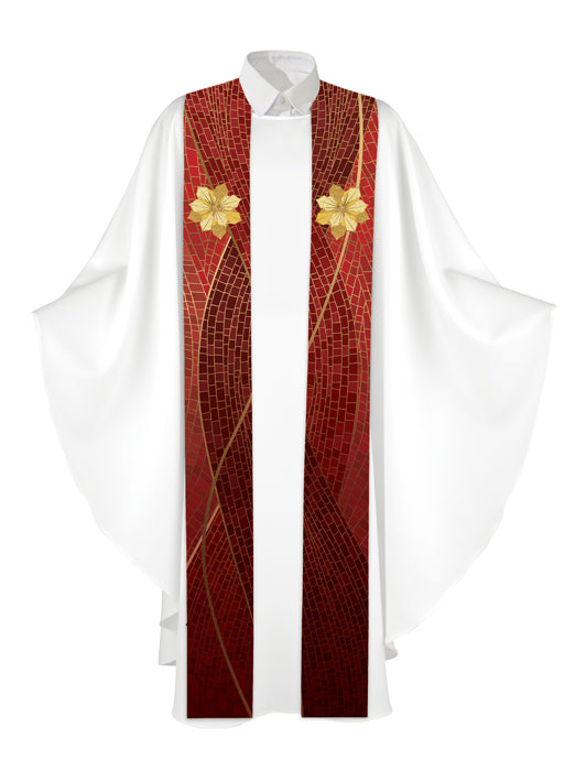 Clerical Stole Christmas Mosaic Design Poinsettia Symbol in Gold on Blue, Green, Purple, Red, or White Banner