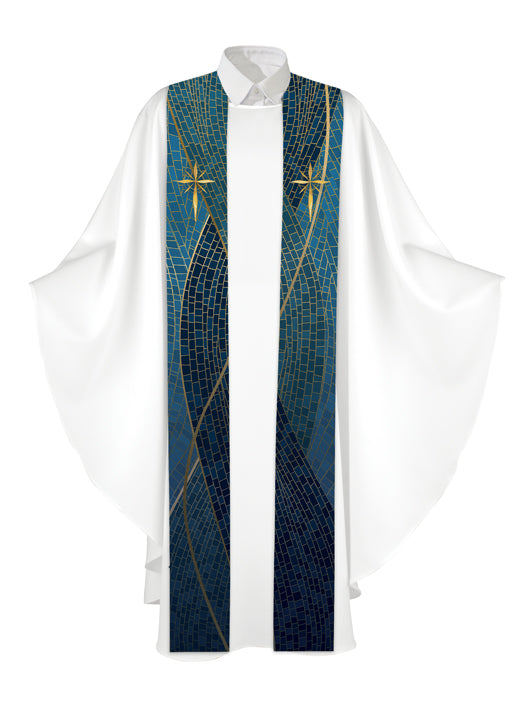 Clerical Stole Christmas Mosaic Design Star Symbol in Gold on Blue, Green, Purple, Red, or White Banner