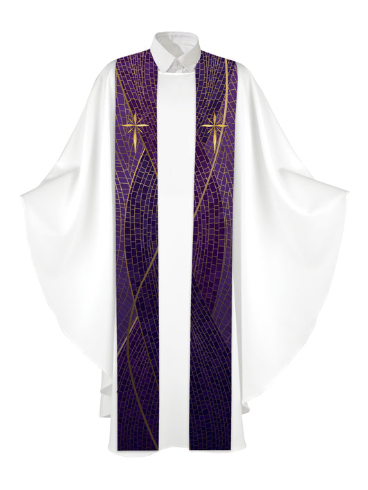 Clerical Stole Christmas Mosaic Design Star Symbol in Gold on Blue, Green, Purple, Red, or White Banner