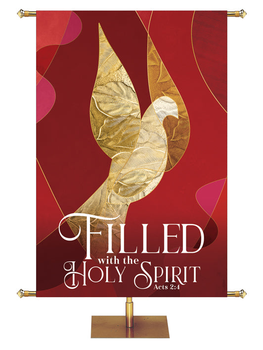 Filled With The Holy Spirit Acts 4:2 Symbols of Worship Pentecost Dove in Gold facing right on Red banner