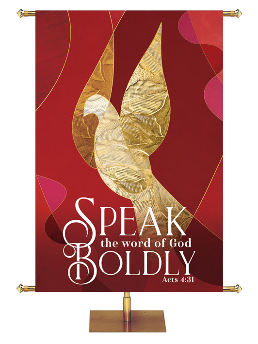 Speak The Word of God Boldly Acts 4:31 Symbols of Worship Pentecost Dove in Gold facing left on Red banner