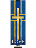 Cross Symbol and Love Tapestries of Faith Church Banner in liturgical colors of Blue, Green, Purple, Red or White