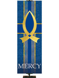 Mercy and Fish Symbol in Gold Tapestries of Faith Church Banner in Liturgical colors of Blue, Green, Purple, Red or White