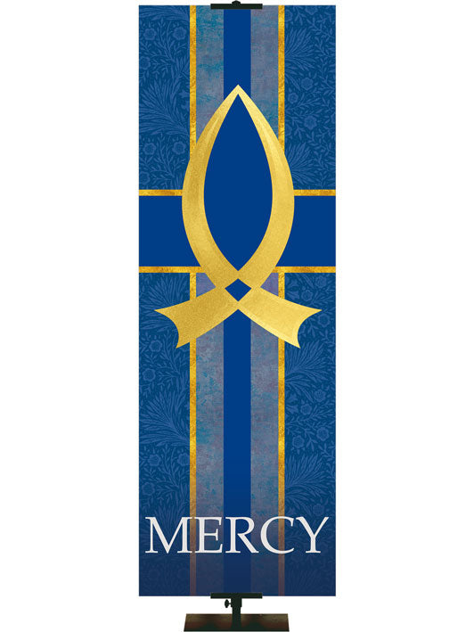 Mercy and Fish Symbol in Gold Tapestries of Faith Church Banner in Liturgical colors of Blue, Green, Purple, Red or White