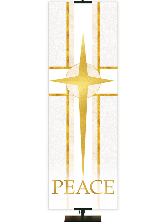 Star Symbol and Peace Tapestries of Faith Church Banner in Liturgical colors of Blue, Green, Purple, Red or White