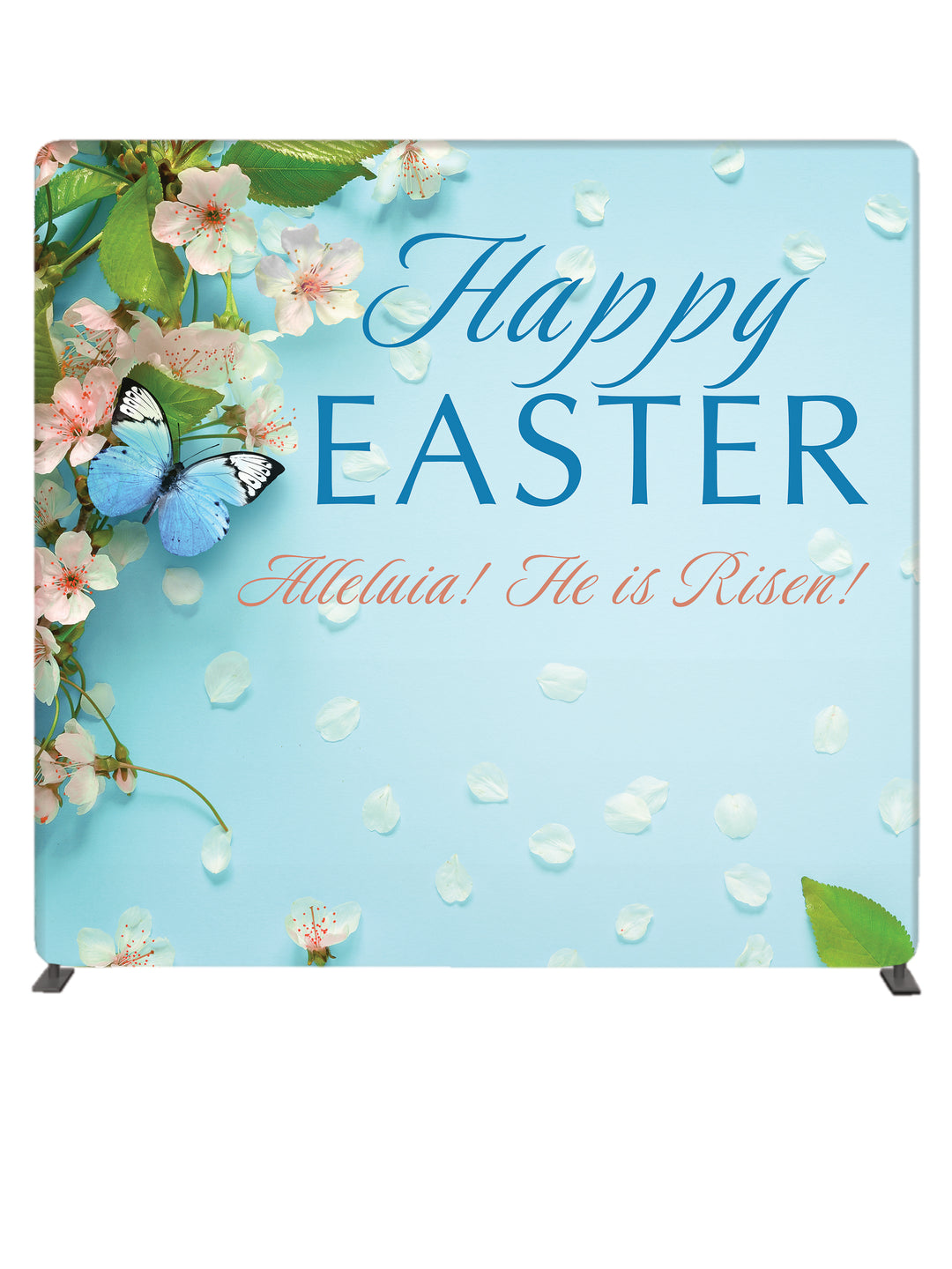 Happy Easter in Blue font and Alleluia! He Is Risen! in Pink font with Blue Butterfly and Cherry Blossoms on Pale Blue 8' Photo Backdrop on Tube Display Stand