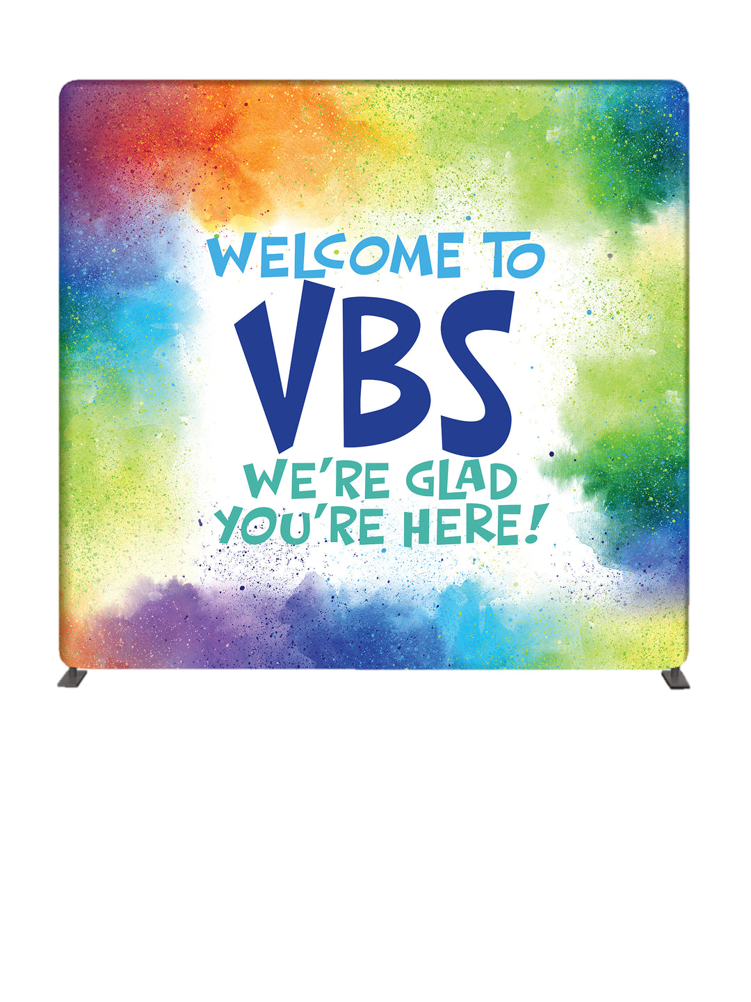 Welcome To VBS We're Glad You're Here on 8' Backdrop with colorful clouds