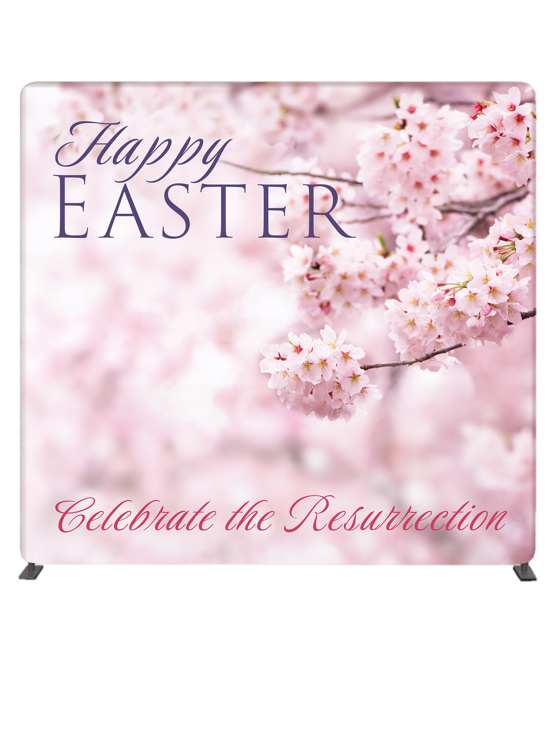 Happy Easter in Violet letters and Celebrate The Resurrection in Pink lettering with Cherry Blossoms on Pink 8' Photo Backdrop on Tube Display Stand