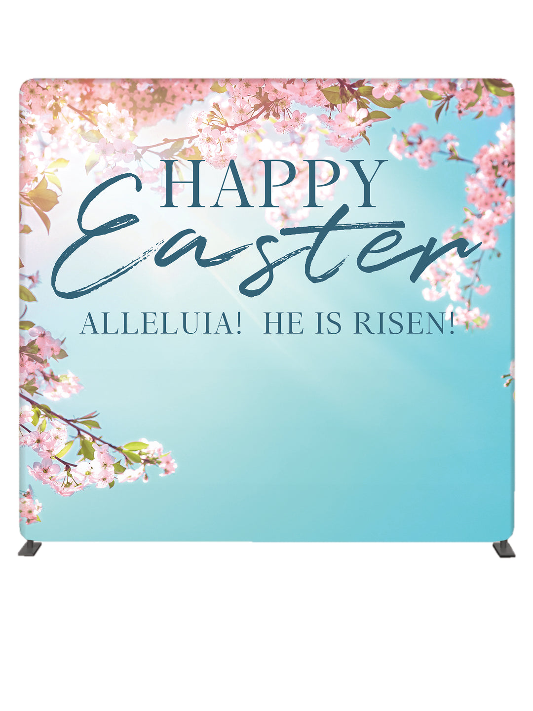 Happy Easter Alleluia He Is Risen in dark blue font with Cherry Blossoms on Sky Blue 8' Photo Backdrop on Tube Display Stand