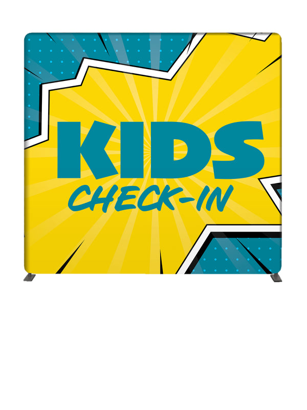 Kids Check-In Comic Book 8' Backdrop With Tube Display Stand