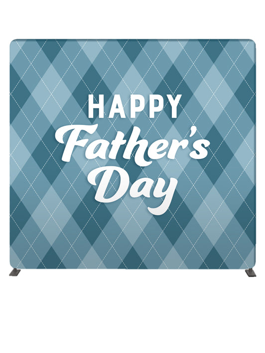 Happy Father's Day in White on Argyle pattern backdrop in shades of blue