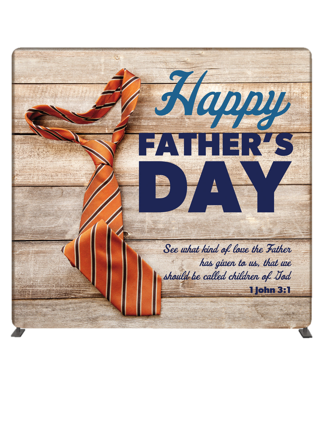Happy Father's Day in blue with Orange Tie on wooden slats and scripture verse John 3:1 See what kind of love the Father has given to us, that we should be called children of God. 