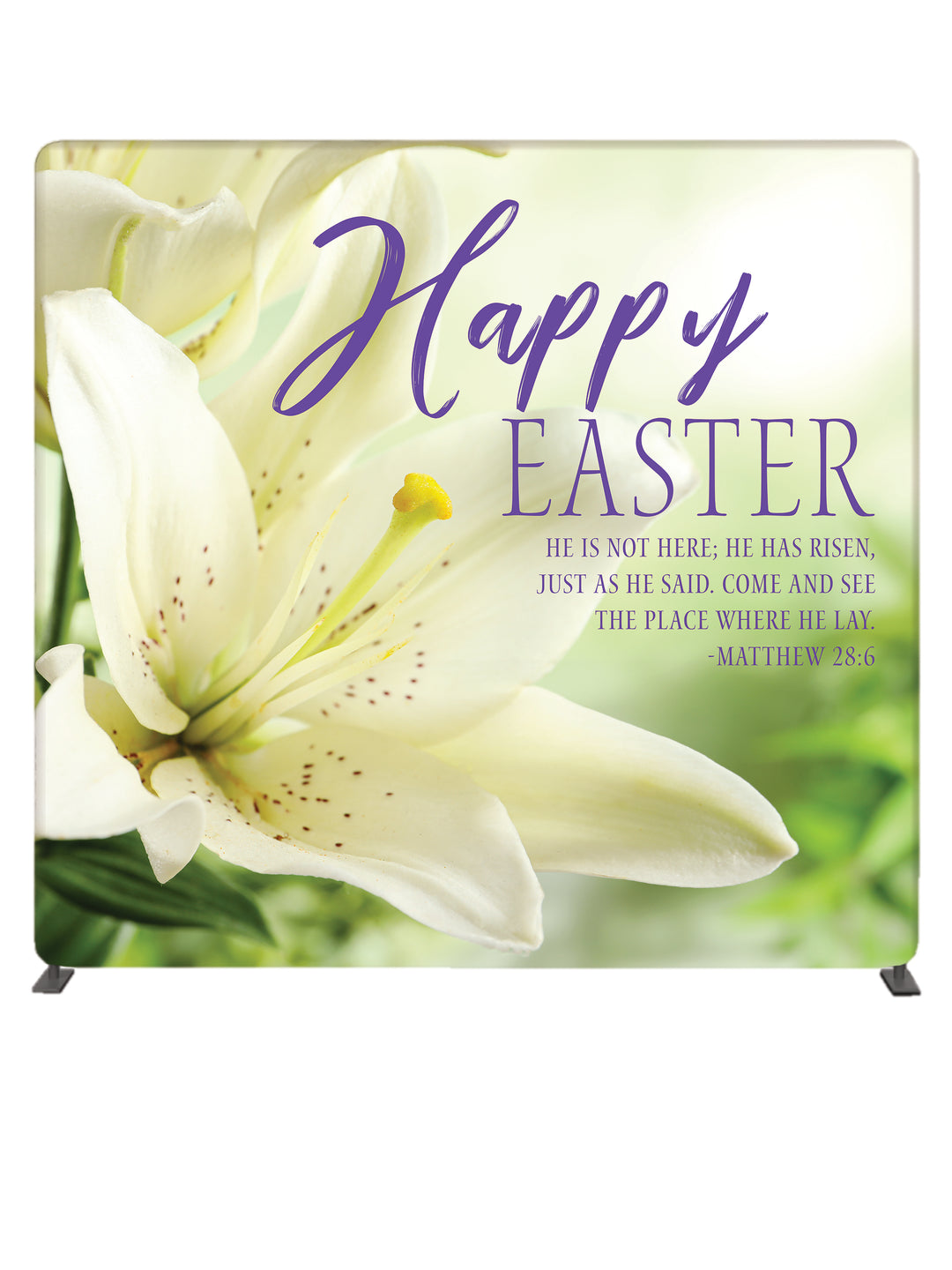 Happy Easter He Is Not Here in Lilac font White Lily Blossom 8' Photo Backdrop on Tube Display Stand