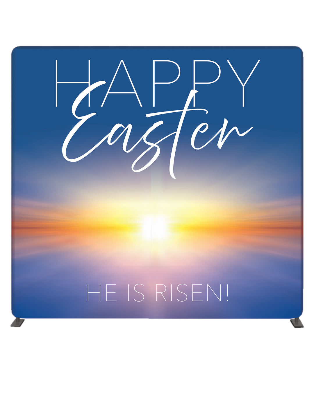Happy Easter He Is Risen! in White font on Morning Sun 8' Photo Backdrop on Tube Display Stand