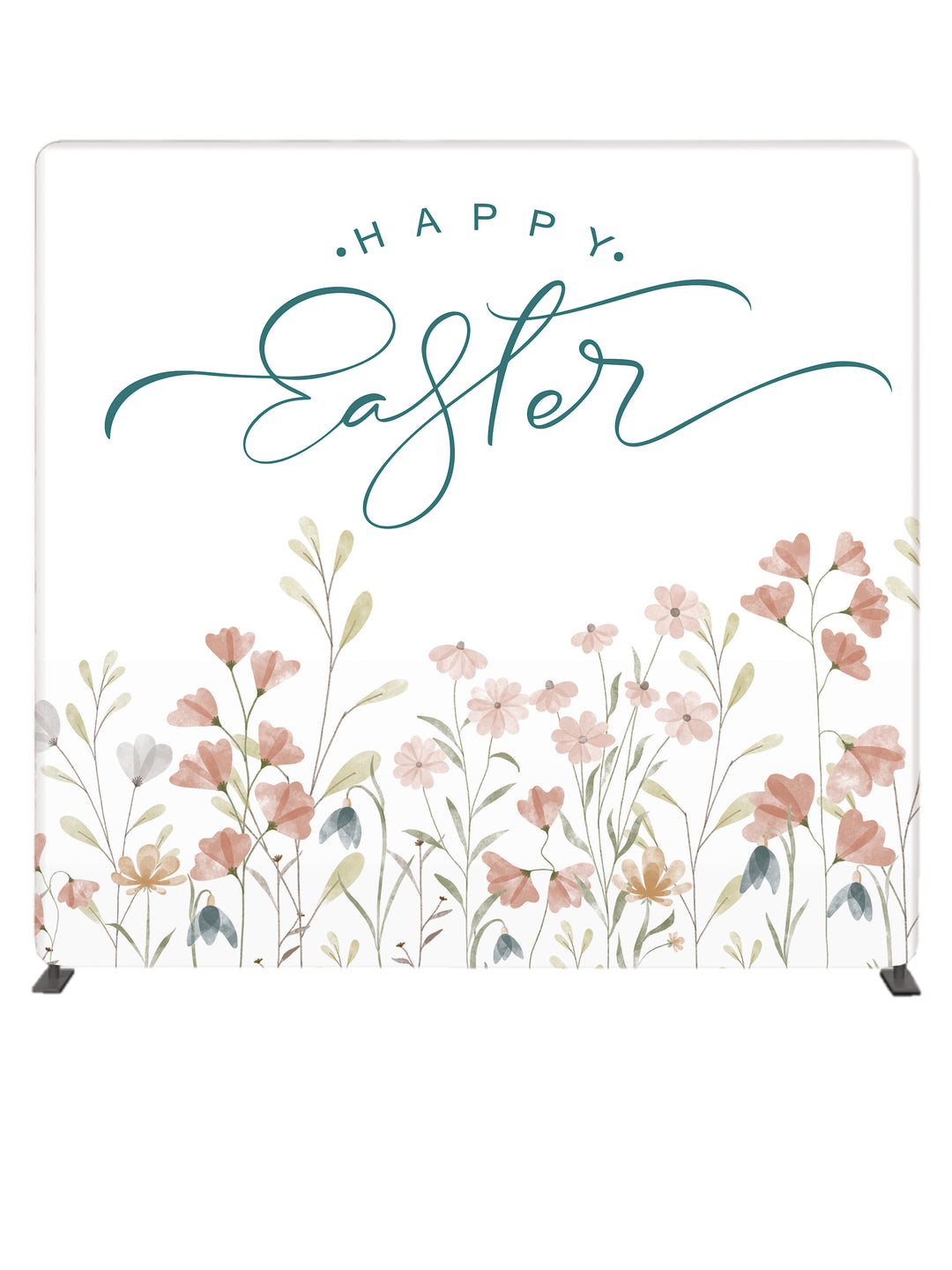 Happy Easter in charcoal font on Pressed Flower Pastel Watercolor 8' Photo Backdrop on Tube Display Stand