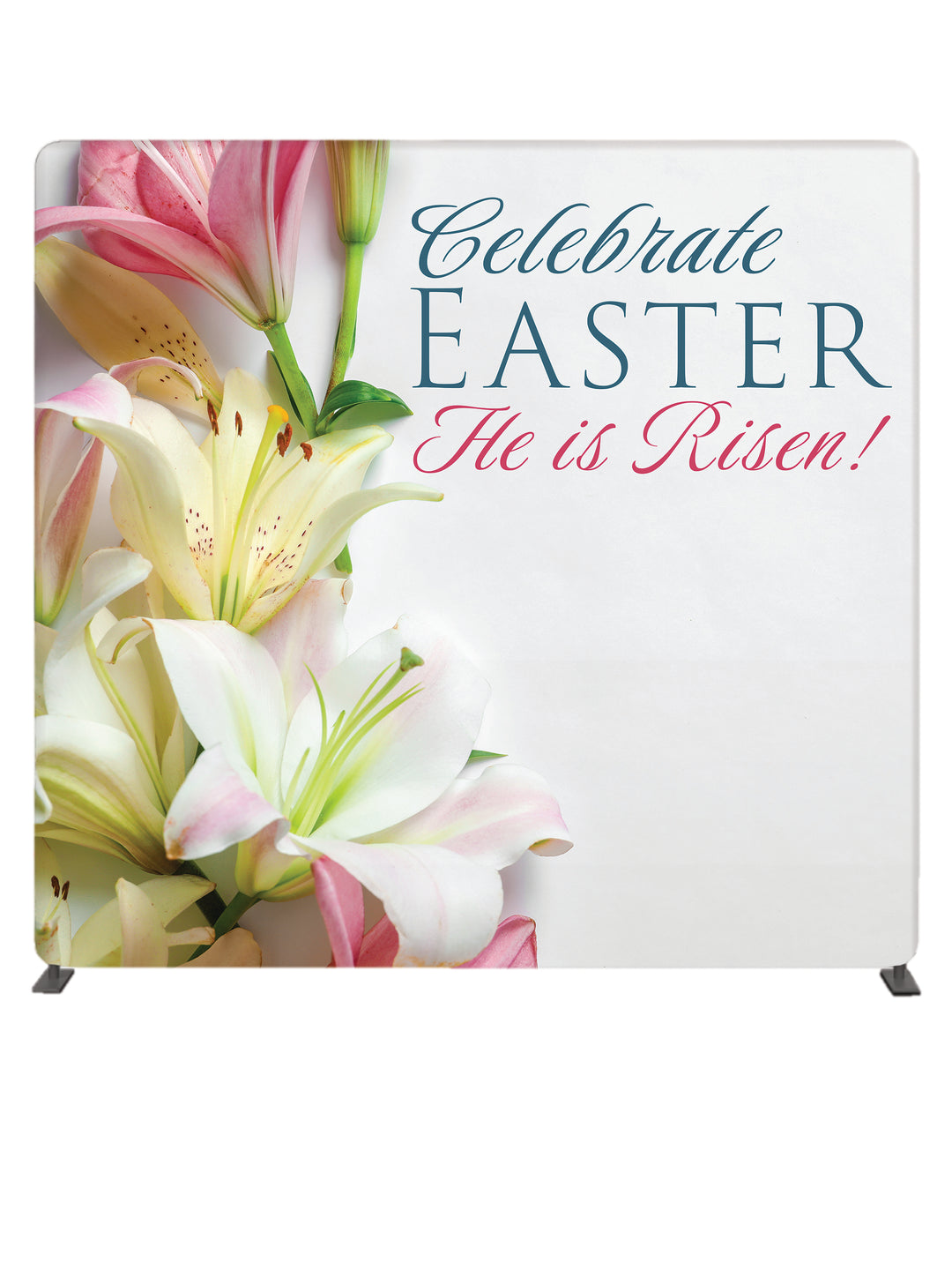 Celebrate Easter in gray font and He is Risen in Pink font on White and Pink Lily 8' Photo Backdrop on Tube Display Stand