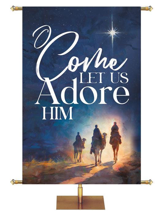 O Come Let Us Adore Him. Church Banner for Christmas with Three Wisemen (right) following the New Star on a peaceful night background