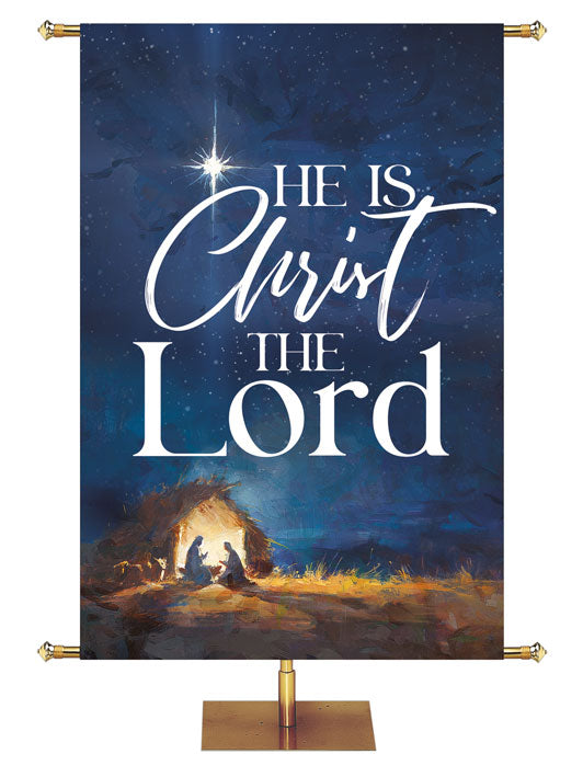 He is Christ the Lord. Christmas Church Banner with Manger Scene (left) under the New Star on a deep night sky background.