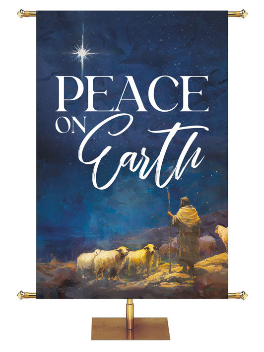 Peace On Earth Christmas Church Banner with the New Star overlooking the Shepherd and his flock (right) on a peacful blue background.