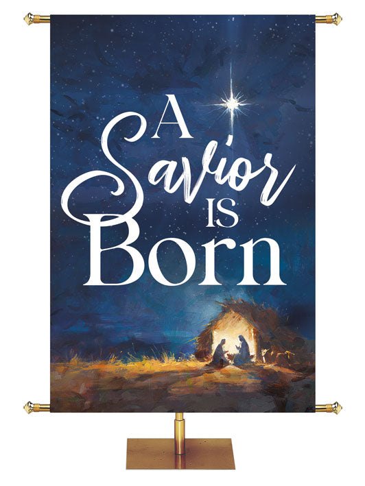A Savior Is Born. Church Banner for Christmas with the New Star over the Manger (right) on blue. 