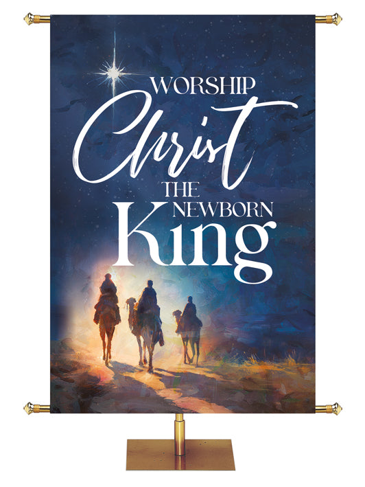 Worship Christ the Newborn King. Christmas Church Banner with the Three Wisemen (left) Journeying under the New Star