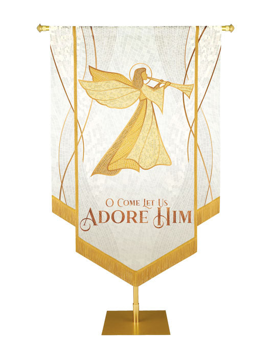 Christmas Mosaic Embellished Angel Right, O Come Let Us Adore Him Banner, White